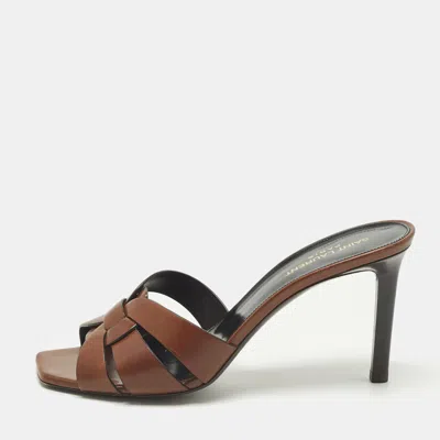 Pre-owned Saint Laurent Tribute Size 41 Brown Leather Slide Sandals
