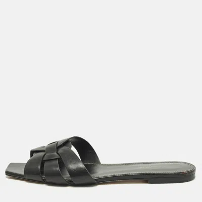 Pre-owned Saint Laurent Tribute Size 41.5 Black Leather Flat Slides