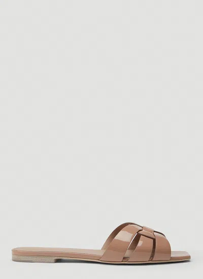 Saint Laurent Nu Pieds Woven Patent-leather Slides In Brown