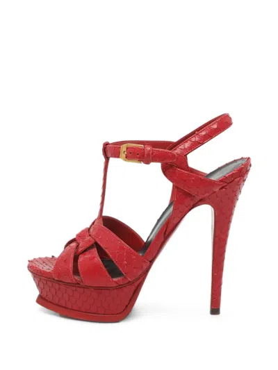 Pre-owned Saint Laurent Tribute Snake-effect Platform Sandals In Red