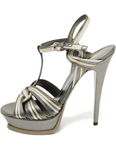 Pre-owned Saint Laurent Tribute Strappy Sandals In Gray