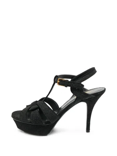 Pre-owned Saint Laurent Tribute Suede Platform Sandals In Black