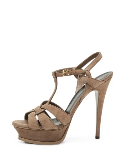 Pre-owned Saint Laurent Tribute Suede Platform Sandals In Brown