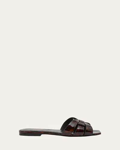 Saint Laurent Tribute Tortoise Shell Flat Slide Sandals In Brown