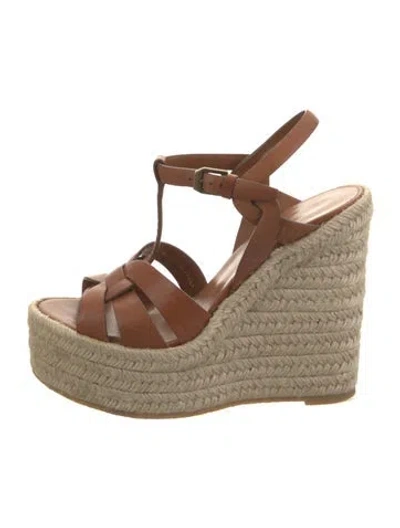 Pre-owned Saint Laurent Tribute Wedge Espadrilles 130 Leather Espadrilles In Brown