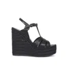 Saint Laurent Jute Wedge Leather Sandals In Black