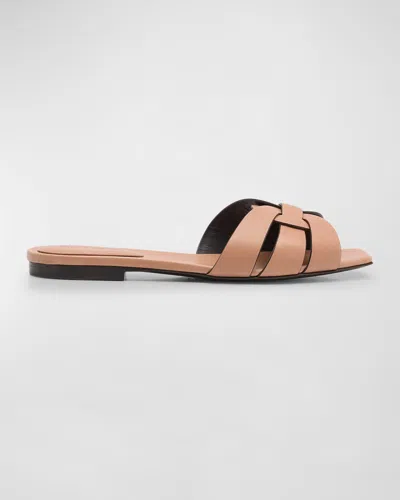 Saint Laurent Tribute Woven Flat Slide Sandals In Neutral