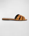 Saint Laurent Tribute Woven Flat Slide Sandals In Cognac Brown