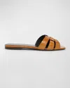 Saint Laurent Tribute Woven Leather Flat Sandals In Cognac Brown