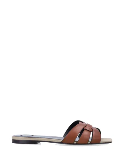 Saint Laurent Tribute Leather And Canvas Flat Sandals In Brown