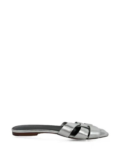 Pre-owned Saint Laurent Tribute Woven Slides In Silver