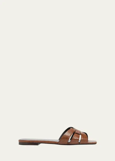 Saint Laurent Tribute Woven Tortoise Shell Slide Sandals In Almond Brown