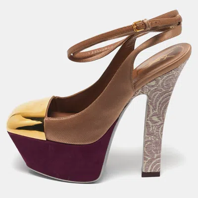 Pre-owned Saint Laurent Tricolor Leather And Satin Platform Pumps Size 35 In Sand