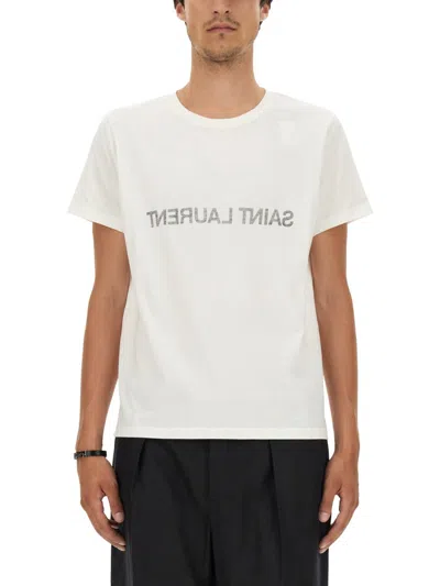 Saint Laurent T-shirt In Cotone Stampa Logo Reversed In White