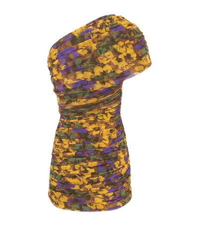 Saint Laurent Ruched One-shoulder Dress In Floral Tulle In Multicolor