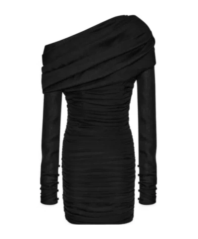 Saint Laurent Tulle One-shoulder Pleated Dress In Black