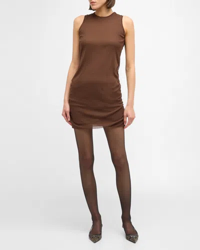Saint Laurent Tulle Stretch Mini Dress In Brown