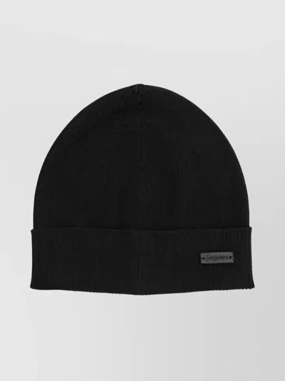 Saint Laurent Turn-up Brim Ribbed Knit Hat In Black