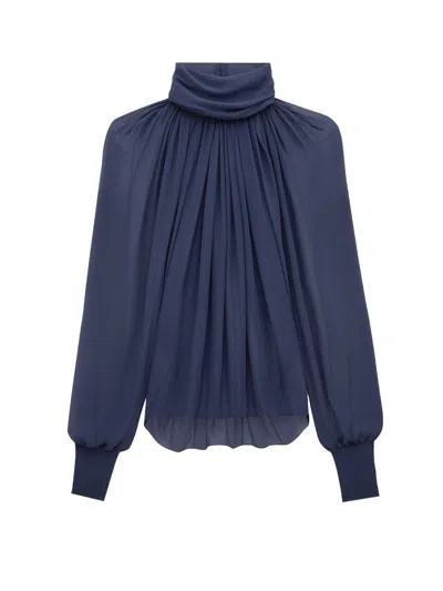 Saint Laurent Sheer Ruched Hig-neck Blouse In Midnight Blue