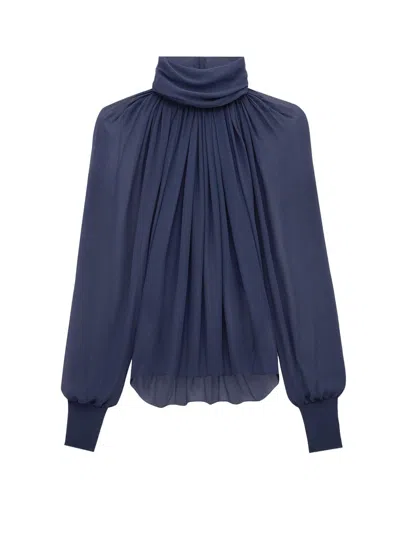 Saint Laurent Sheer Ruched Hig-neck Blouse In Midnight Blue