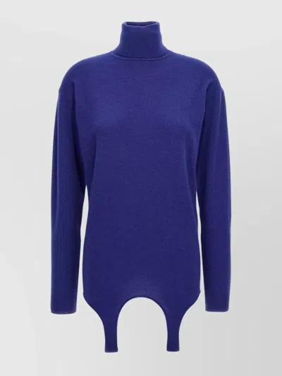 Saint Laurent Turtleneck Knit Sweater With Ribbed Cuffs In Blue
