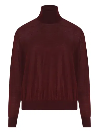 Saint Laurent Long Sleeve Wool Turtleneck Knit Sweater In Burgundy
