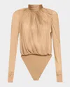 Saint Laurent Turtleneck Sheer Voile Jersey Bodysuit In Noisette