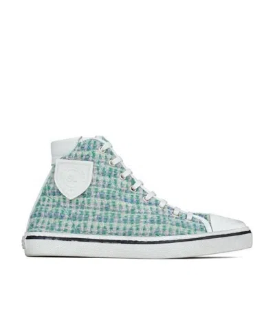 Saint Laurent Tweed Logo Patch Trainers In White
