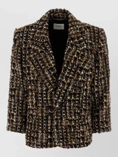 Saint Laurent Tweed Single Breasted Coat In Brown