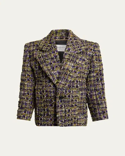 Saint Laurent Tweed Single-breasted Jacket In Brown