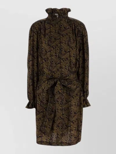 Saint Laurent Twill Dress Paisley Pattern Belted Waist In Green