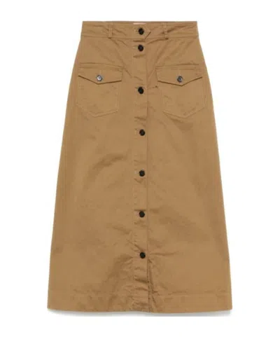Saint Laurent Twill Midi Skirt In Brown