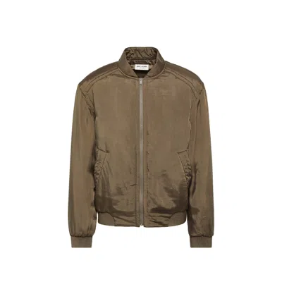 Saint Laurent Twill Teddy Bomber Jacket In Khaki Green