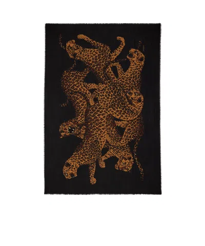 Saint Laurent Twill Wool Leopard Pattern Shawl In Black