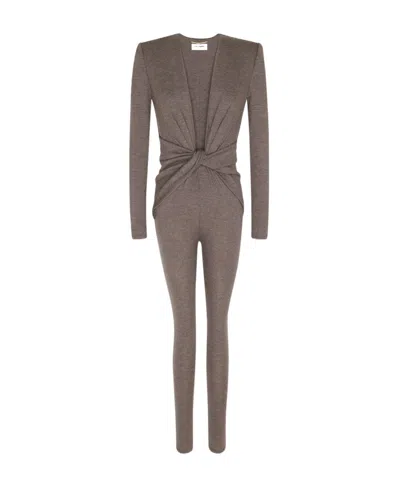 Saint Laurent Twist-detail V-neck Jumpsuit In Gray