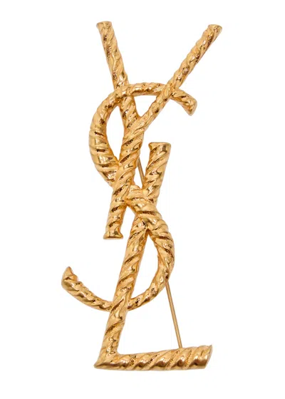 Saint Laurent Twisted Texture Metal Brooch In Gold