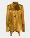 Saint Laurent Twisted Turtleneck Long-sleeve Silk Blouse In Ocre