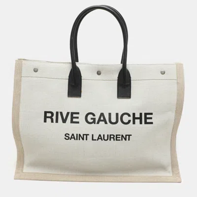 Pre-owned Saint Laurent Two Tone Beige Canvas Large Rive Gauche Tote