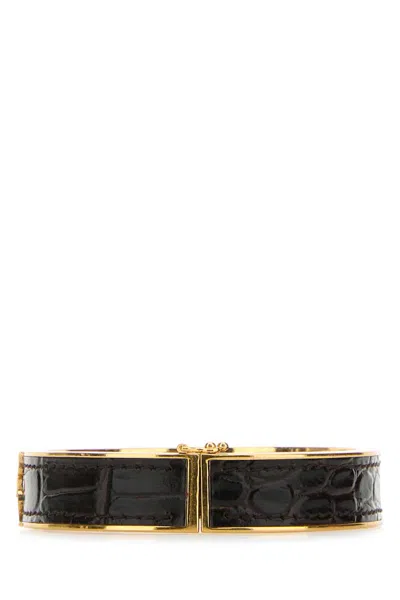Saint Laurent Two-tone Leather And Metal Cassandre Bracelet In Fondente