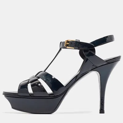 Pre-owned Saint Laurent Two Tone Patent Leather Tribute Sandals Size 36 In Navy Blue