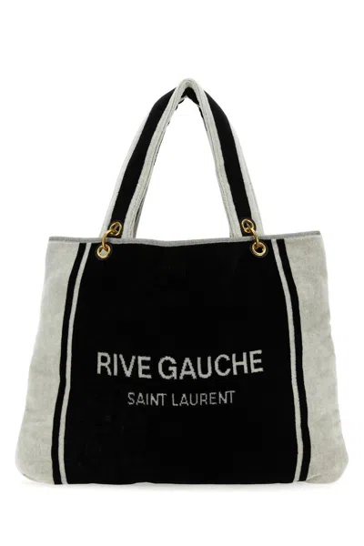 Saint Laurent Rive Gauche Tote In And White Terry Cloth In Black