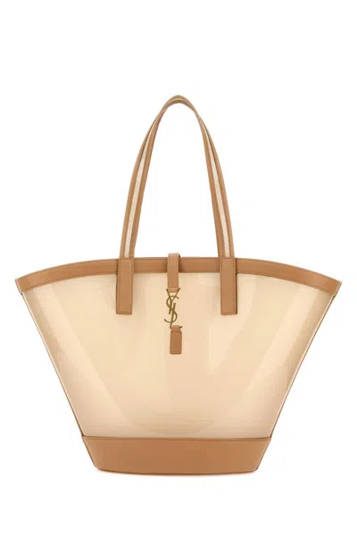 Saint Laurent Two-tone Vinyl And Leather Panier Shopping Bag In Beige