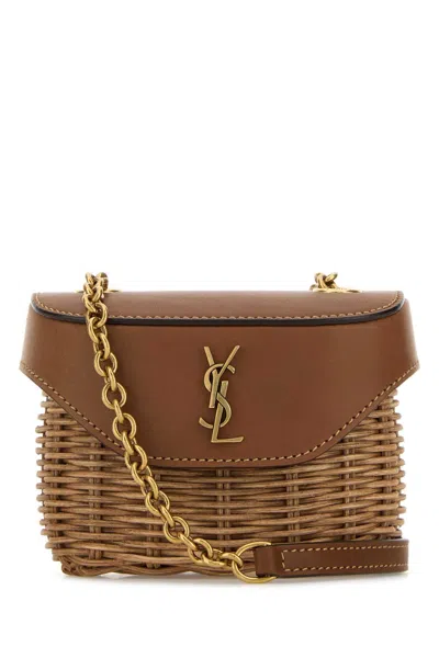 Saint Laurent Two-tone Wicker And Leather Mini Box June Crossbod