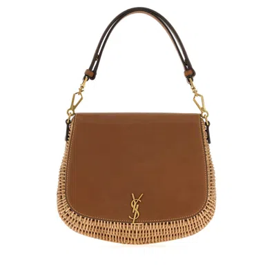 Saint Laurent Two-tone Wicker And Leather Voltaire Handbag In Red