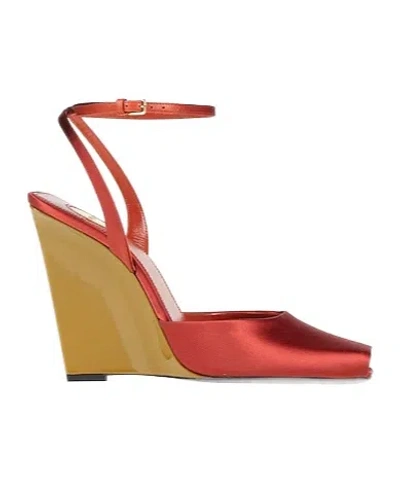 Saint Laurent Twotone Satin Wedge Sandals In Red