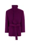 Saint Laurent Wool Coat With Belted Waist And High Collar In Purple