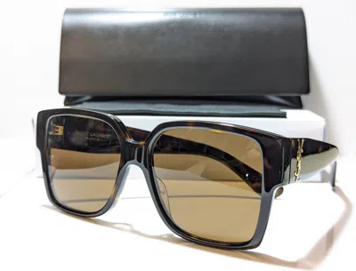 Pre-owned Saint Laurent Unisex Shiny Havana Ysl Logo Gold/brown Lens Sunglass Slm9 003