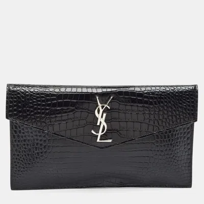 Pre-owned Saint Laurent Uptown Black Croc Embossed Leather Clutch
