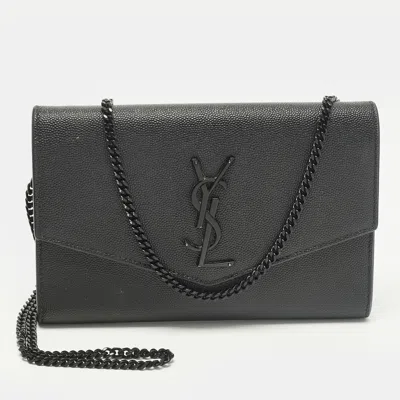 Pre-owned Saint Laurent Uptown Black Leather Wallet On Chain