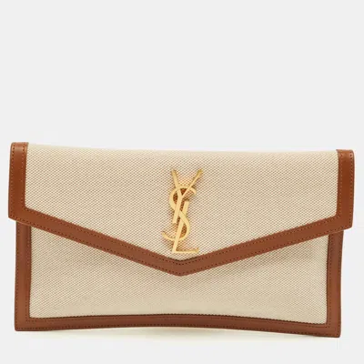 Pre-owned Saint Laurent Uptown Brown/natural Canvas And Leather Clutch